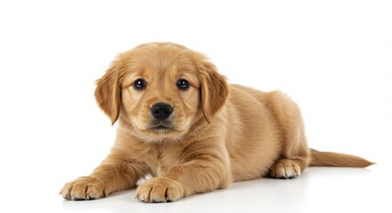 Sweet golden retriever puppy gently rests on pure white looking curiously with sparkling eyes in bright studio light. AI Generated