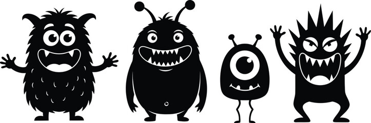 a collection of four cartoon monsters depicted in black silhouettes showing varied designs and expressions creating a playful and whimsical scene © GK390