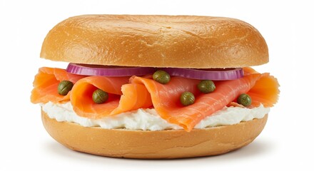 Bright studio light illuminates a delicious bagel filled with smoked salmon cream cheese red onion and capers. AI Generated