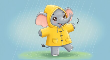 Adorable animated elephant in a sunny yellow raincoat joyfully dances under soft falling rain with a sweet whimsical charm.. AI Generated
