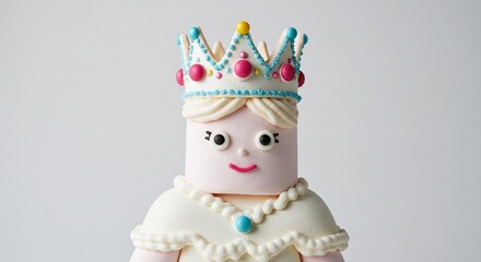 Brightly lit whimsical fondant princess cake proudly displaying a sparkling crown and pearl necklace. AI Generated