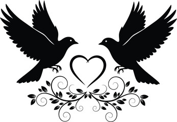 Obraz premium Two black silhouette doves with outstretched wings face each other above a heart and decorative foliage symbolizing love and peace