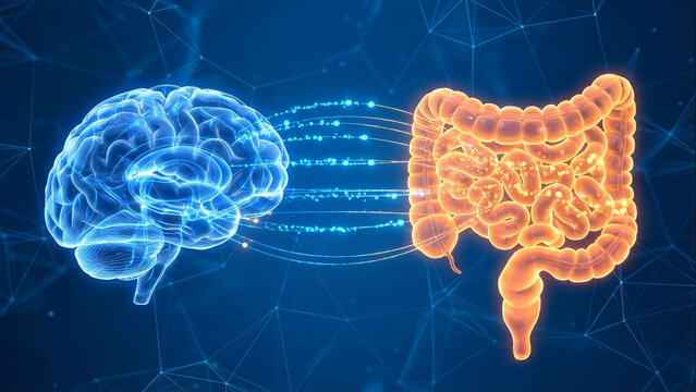 Conceptual Medical Illustration of the Gut-Brain Axis Showing Neural Connection Between Human Brain and Digestive System. Metabolism illustration,  Mindful eating, eating disorders	