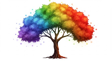 Vibrant rainbow tree bursts with colorful leaves creating a joyful whimsical aesthetic isolated against white. AI Generated