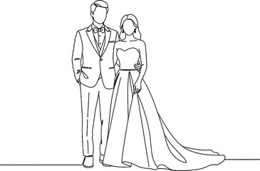 Obraz premium a delicate single line drawing depicts a formally dressed couple a bride in a flowing gown and a groom in a suit standing closely together