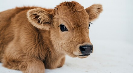 Adorable brown calf rests peacefully its soft fur beautifully highlighted by gentle natural light. AI Generated