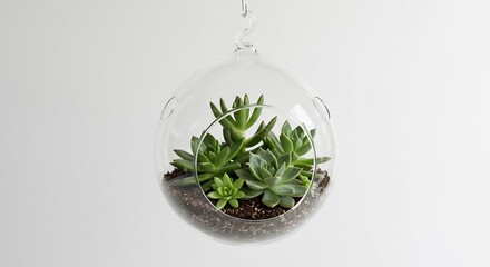 Brightly lit clear glass hanging terrarium showcases lush green succulents against a simple white background. AI Generated