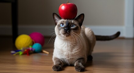Adorable Siamese cat perfectly balancing a shiny red apple atop its head with playful toys nearby on the warm wooden floor. AI Generated