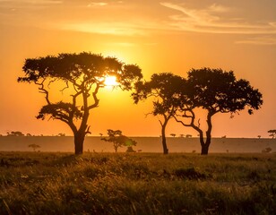 Obraz premium Silhouetted trees in an African savanna illuminated by a setting sun