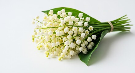 Fresh white lily of the valley flowers elegantly arranged in a pure spring bouquet bathed in soft bright light. AI Generated