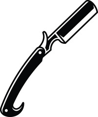 Black silhouette of a vintage straight razor with a curved handle barber shaving