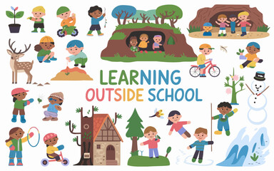 Obraz premium Children learning and playing outside school in various activities vector