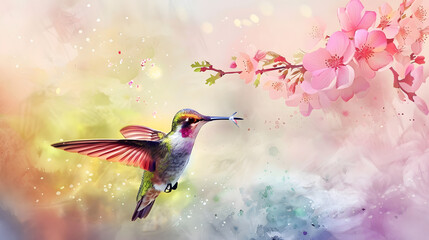 watercolor macro hummingbird drinking nectar