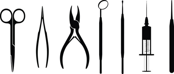 a collection of various black surgical instruments including forceps scissors pliers and needles are neatly arranged in a row high quality