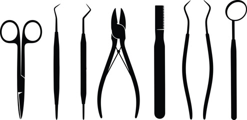 a collection of black silhouette dental instruments including probes forceps mirrors and scalers arranged vertically on a white background high quality