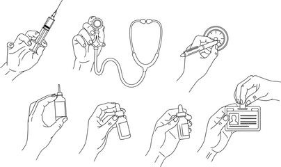 Obraz premium A collection of hand drawn medical tools including a syringe stethoscope otoscope medicine bottles and an identification badge high quality professional