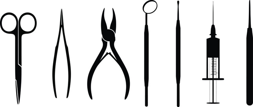 a collection of various black surgical instruments including forceps scissors pliers and needles are neatly arranged in a row high quality