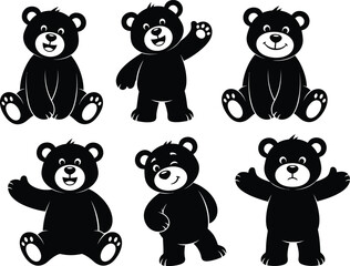 a collection of six adorable black silhouette teddy bears in various poses sitting standing and waving cheerfully creating a playful design