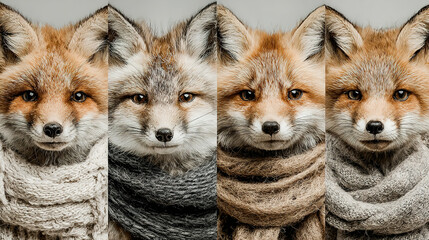Four foxes wearing knitted scarves, facing forward with calm expressions.