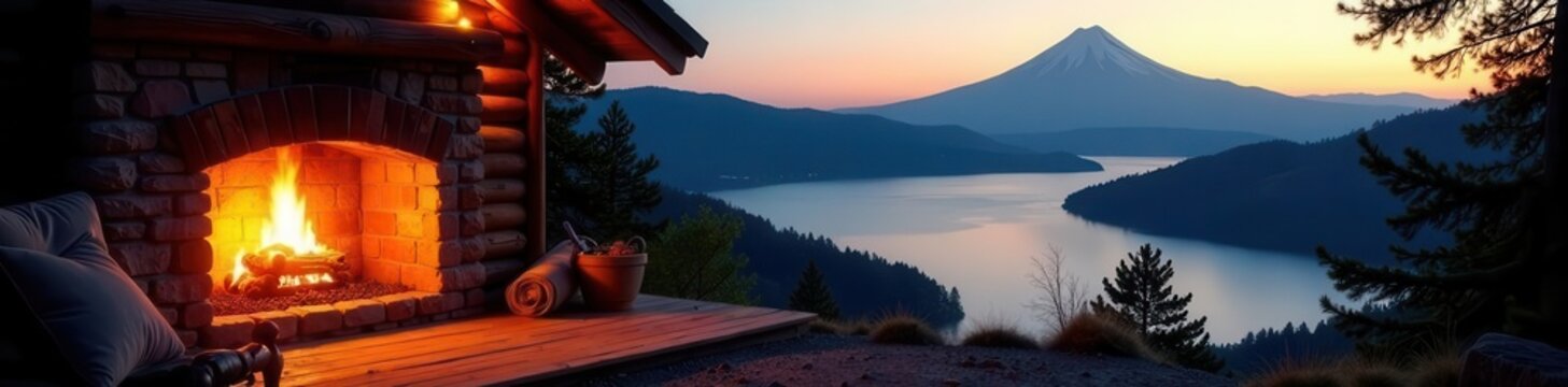 Warm fireplace light illuminates cabin, stunning San Pablo Lake and volcano vista , San Pablo Lake, home, dark