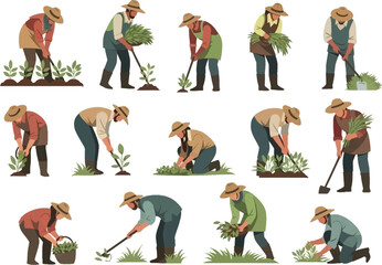 a collection of cartoon farmers diligently working in their fields planting and tending to various crops with dedication high quality professional
