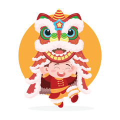 Young boy celebrating with a traditional lion dance costume.