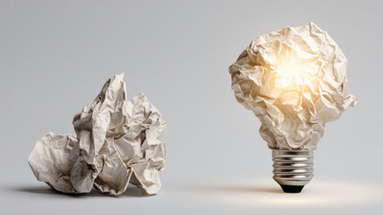 An illuminated paper lightbulb representing an idea next to a crumpled paper ball
