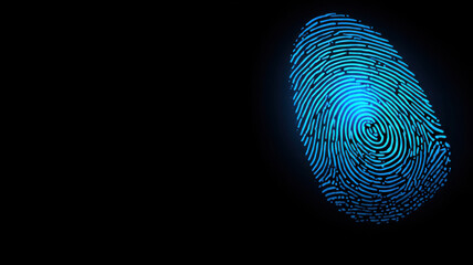 A digital fingerprint shines with a glowing blue light. It's a symbol of identification and security against the deep black background.
