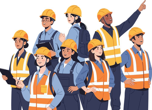 a diverse group of construction workers wearing yellow hard hats and safety vests are standing together with one pointing upwards