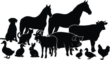 a captivating silhouette illustration depicts a diverse collection of farm animals including horses cows goats and smaller creatures high quality professional