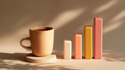 A cup of coffee and a bar chart, representing progress or growth. The coffee cup sits next to colorful bars