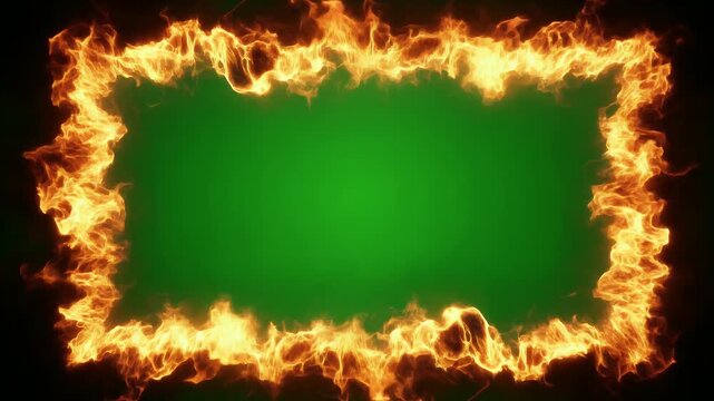 Vibrant green background surrounded by dynamic flames