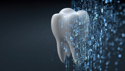 Digital tooth dissolving into glowing binary code on a dark background