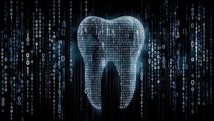 Digital tooth formed from binary code on a dark background