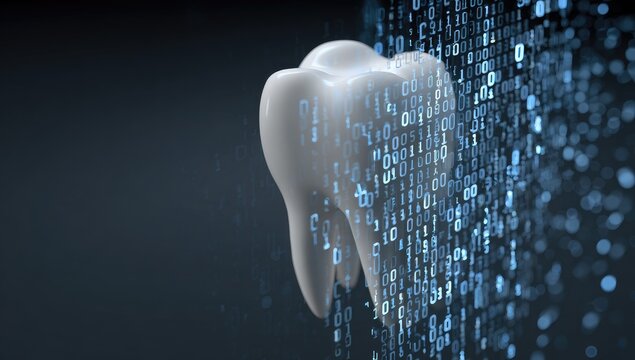 Digital tooth dissolving into glowing binary code on a dark background - Powered by Adobe