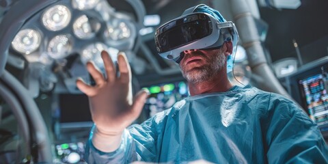 Surgeon wearing VR headset in operating room, interacting with virtual display