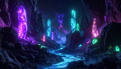 Mystical Cave of Glowing Crystals and Flowing River.