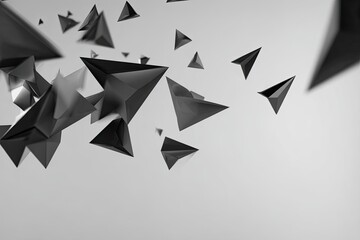 Abstract, dark, multifaceted geometric shapes floating against a bright background