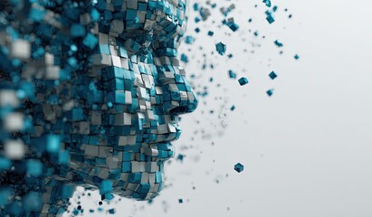 A fragmented humanoid face dissolving into floating cubes of digital particles