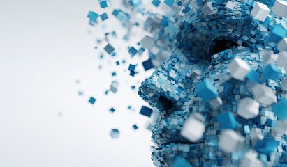 Abstract 3D face composed of dissolving blue and white cubes