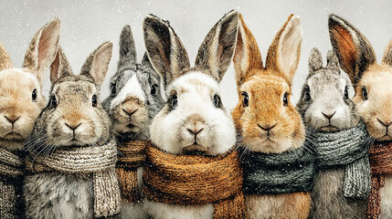 Group of adorable rabbits wearing colorful scarves in winter setting.