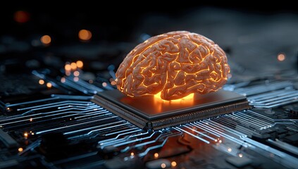 Glowing artificial brain atop a futuristic circuit board with luminous connections