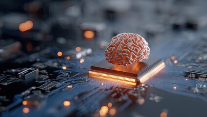 Artificial brain rests on glowing circuit board, symbolizing intelligent technology