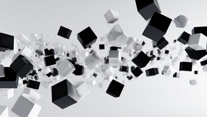 Scattered, varied size, black and white cubes drift and float against white