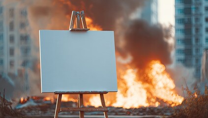 An empty canvas stands before a raging inferno engulfing buildings and a cityscape