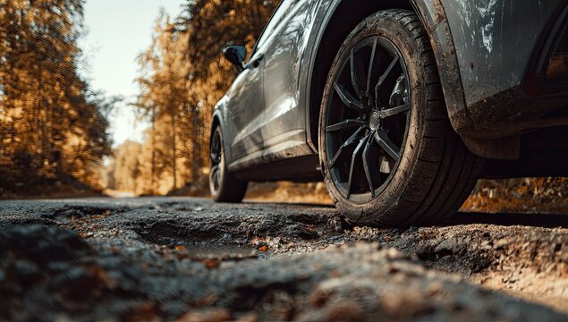 Rugged vehicle navigates a rough, potholed road in autumn forest