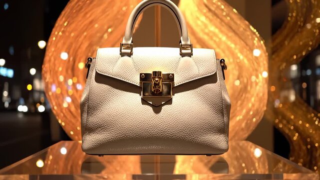 Displaying White Leather Handbag on Glass Stand at Night