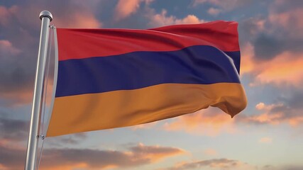 Armenian flag waving in the wind against a beautiful cloudy sky