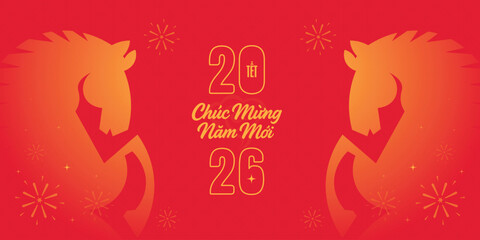 Festive Lunar New Year design featuring horses and celebratory text on a vibrant red background.