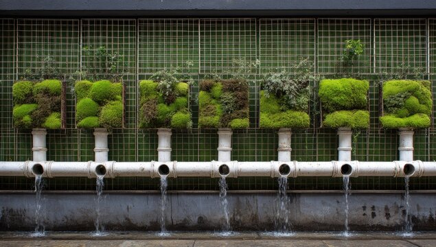 Modular green wall with cascading water flow from pipes